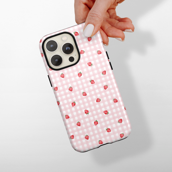 Tough Phone Case - Gingham Ditsy Strawberries