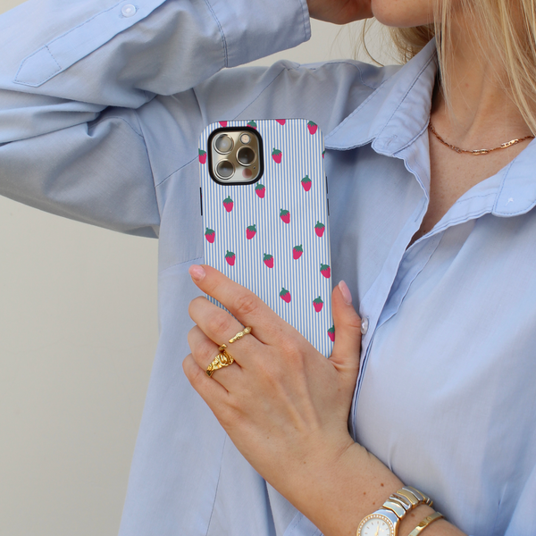 Tough Phone Case - Blue Stripe Strawberries
